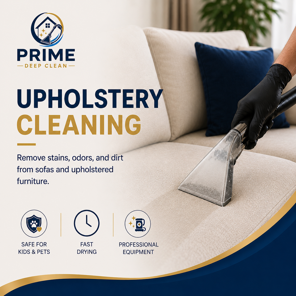 Professional upholstery cleaning service by Prime Deep Clean showing deep cleaning extraction on a beige fabric sofa.