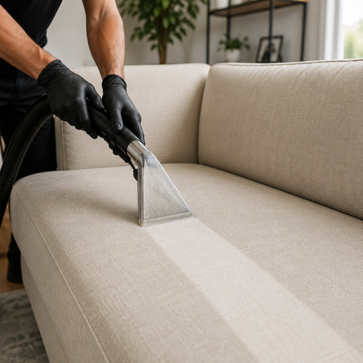 Professional upholstery cleaning service by Prime Deep Clean showing deep cleaning extraction on a beige fabric sofa in a residential living room.