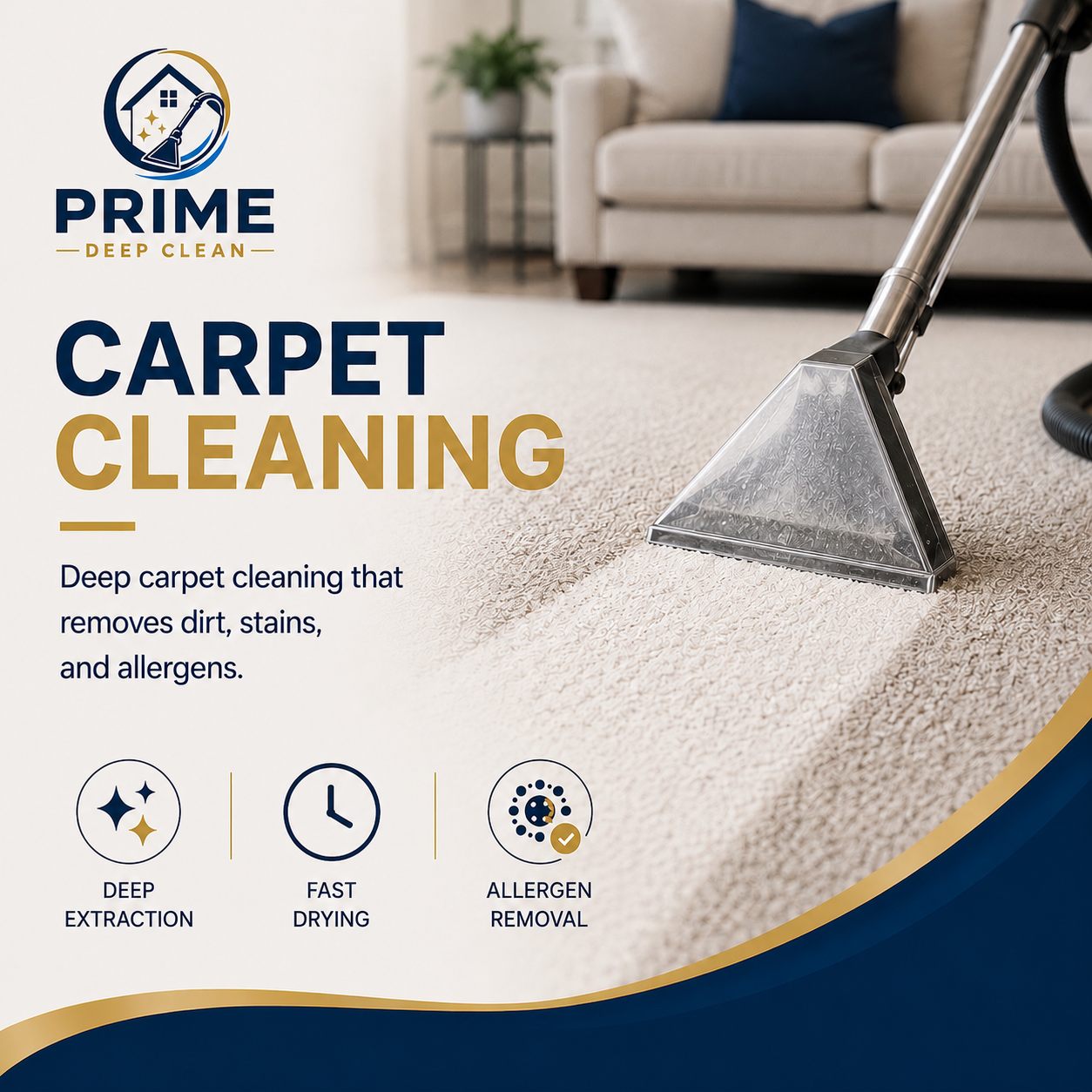 Professional carpet cleaning service by Prime Deep Clean showing deep extraction cleaning on a beige carpet in a residential living room.