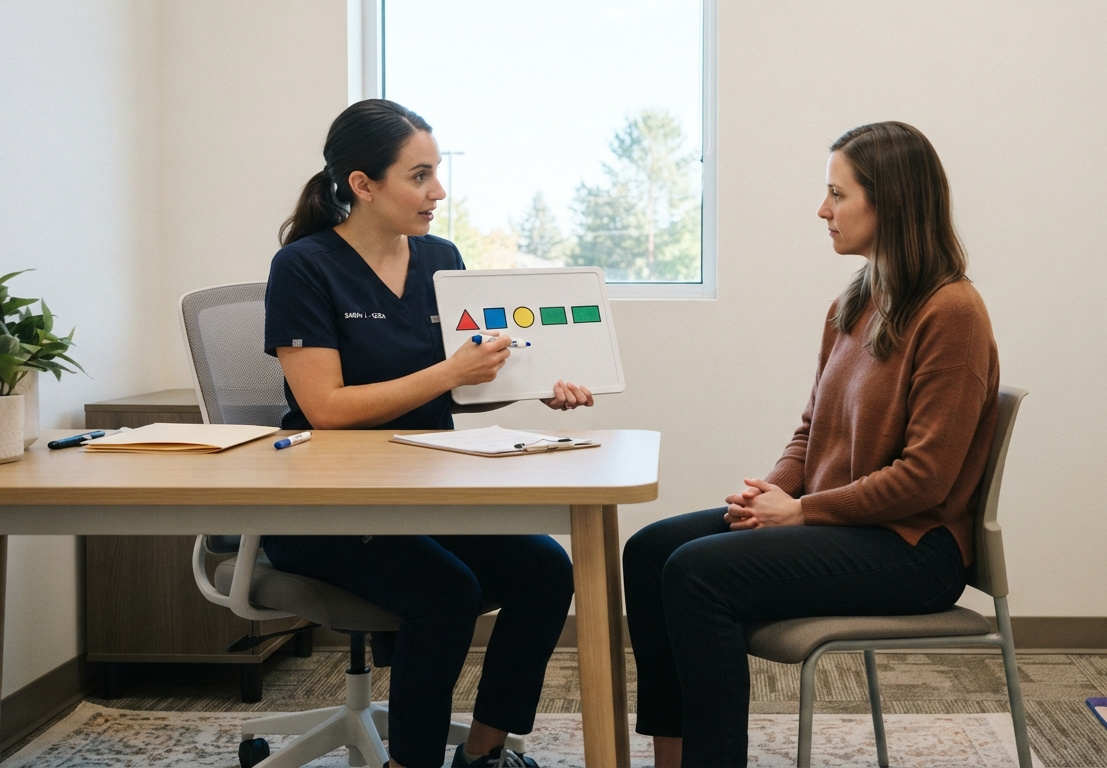A woman in a navy uniform holding a whiteboard with colorful shapes, talking to another woman in a brown sweater during a therapy or counseling session in an office with a window and a plant.