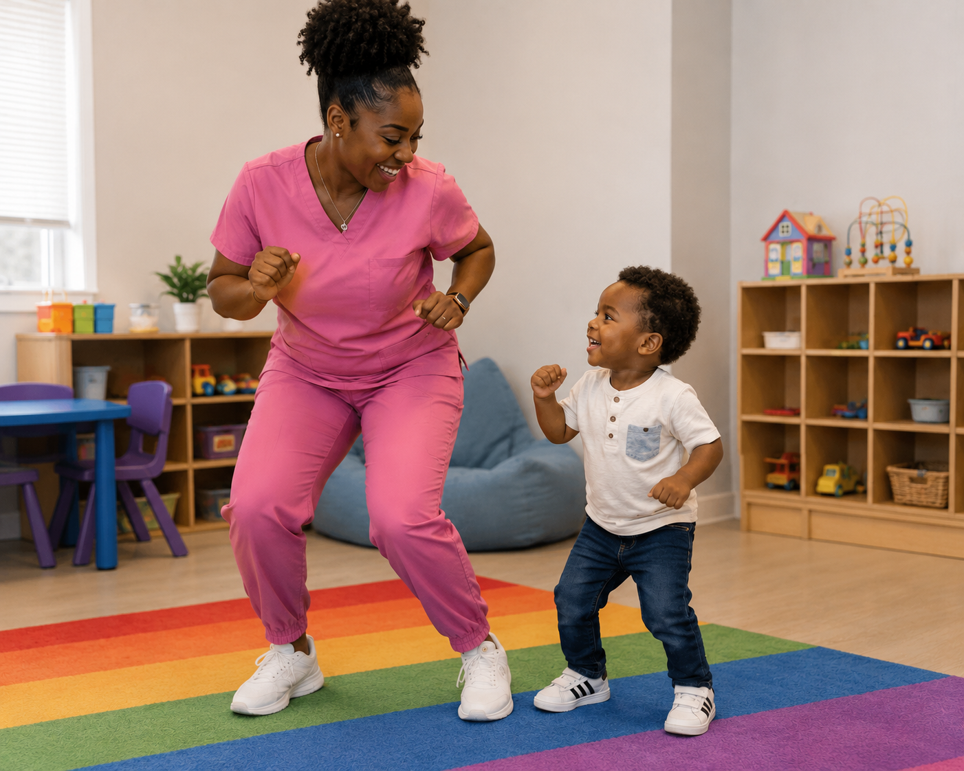 A woman in pink scrubs and a young boy are playing and dancing together in a colorful playroom. They are smiling and appear to be having fun.
