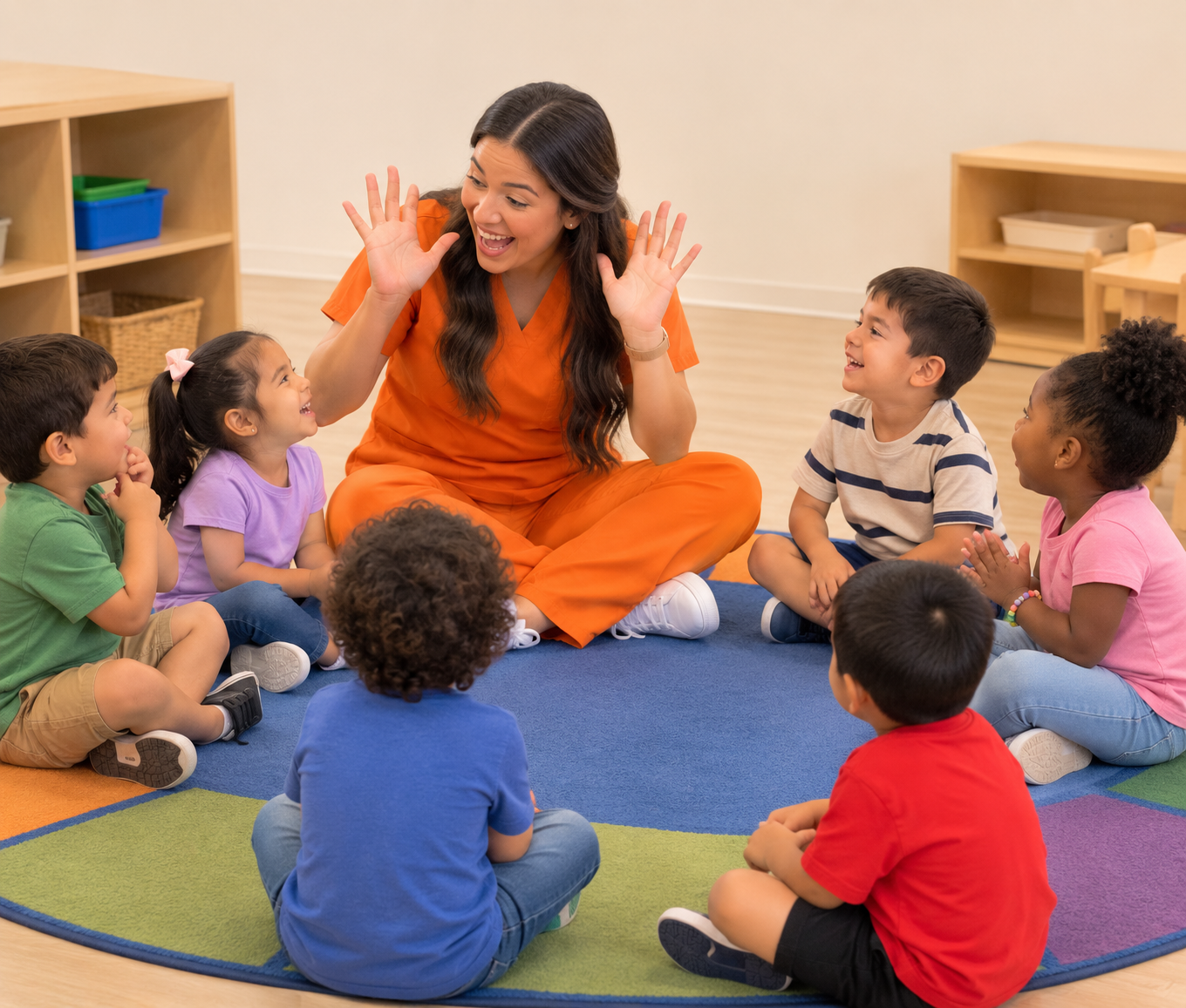 A teacher in orange clothes engaging children in a learning activity on a colorful circular rug in a classroom.