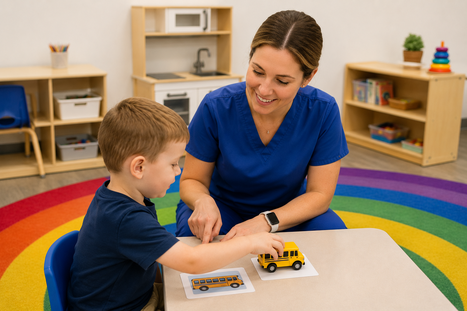 A teacher and a young boy in a classroom, working on a toy school bus puzzle on a table with a colorful rainbow carpet.