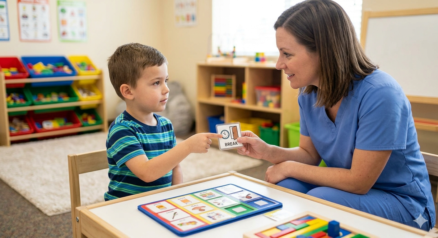 A young boy sitting at a table points at a card held by a woman in blue scrubs in a classroom setting.