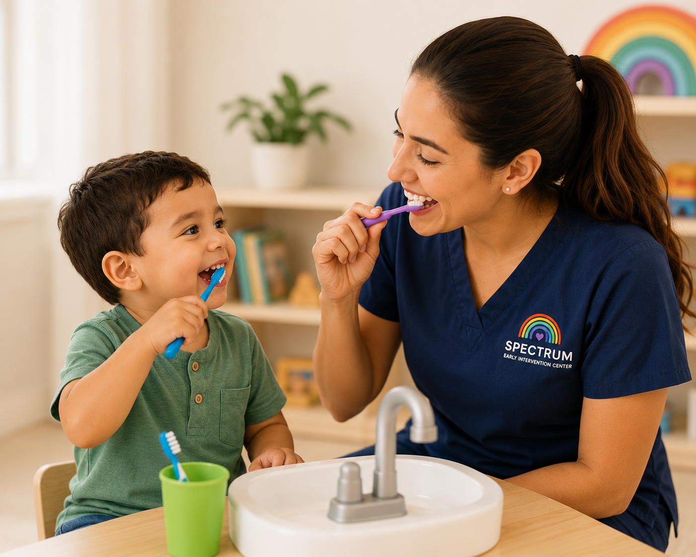 A woman and a young boy smiling and brushing their teeth together at a sink, with shelves and a rainbow decoration in the background.