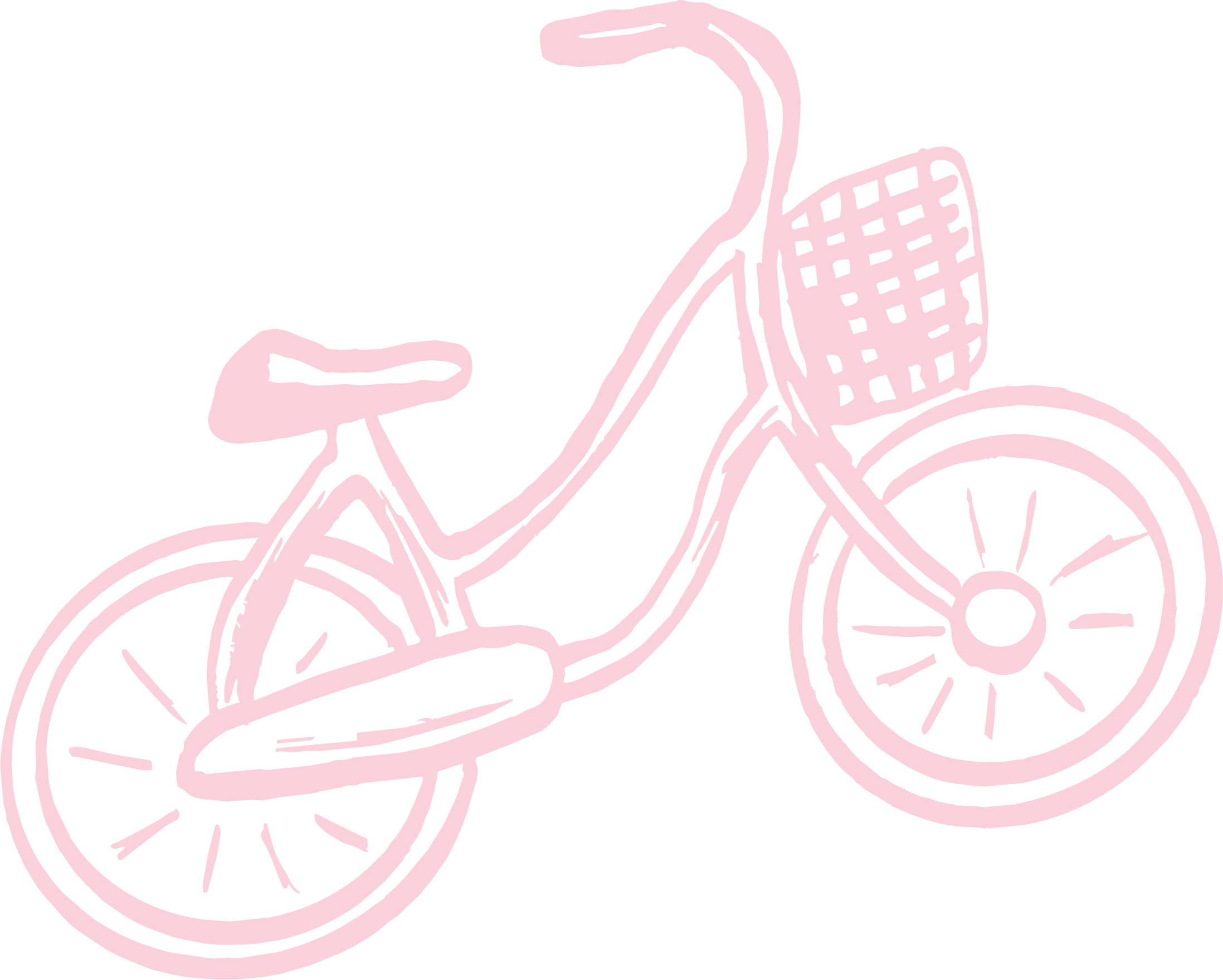 Outline drawing of a person riding a bicycle with a basket at the front, depicted in pink lines on a black background.