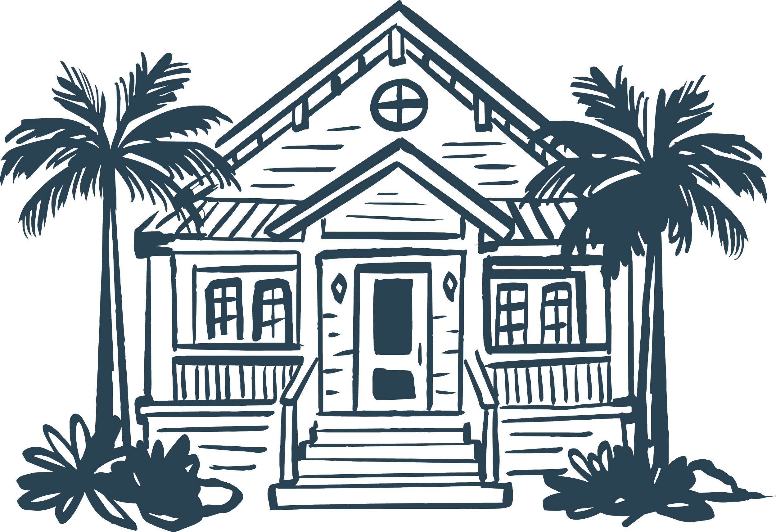 Line drawing of a two-story house with a front porch, gabled roof, round window, surrounded by trees and shrubs.