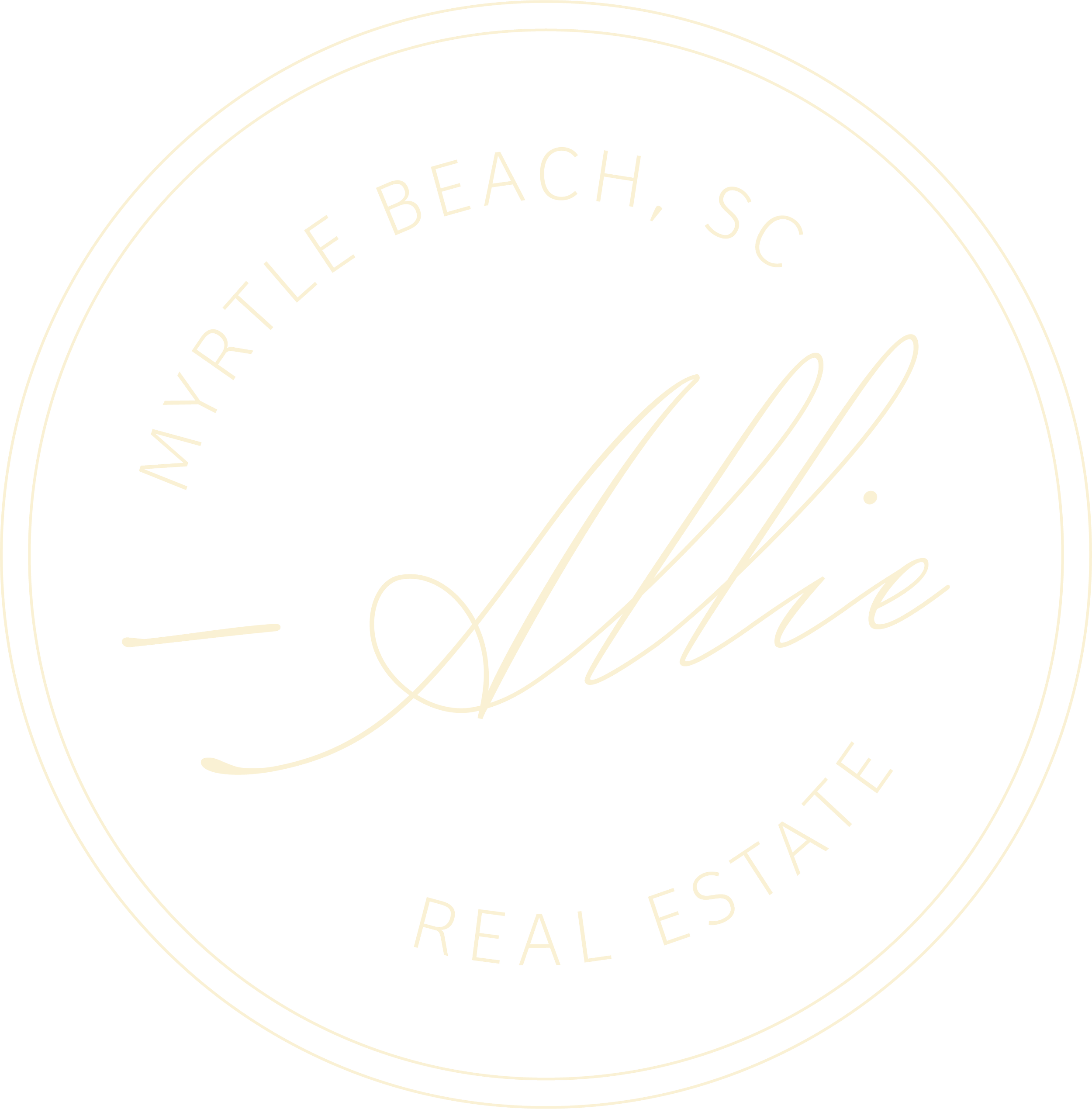 Close-up view of a circular logo with the text 'Myatrailequipe Beach, SC' arranged in a circular pattern on a black background with white outlining.