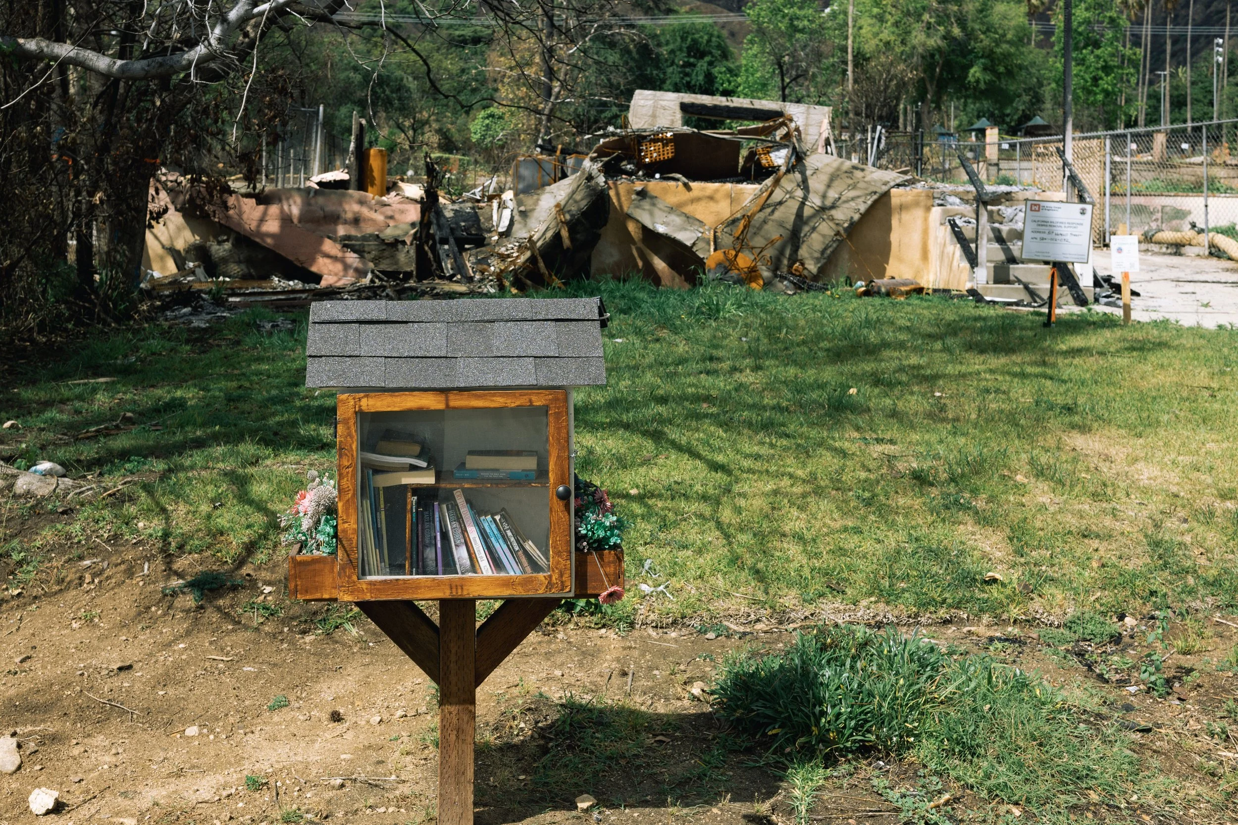 A small wooden memorial with a glass front containing books and flowers, situated outdoors on a grassy area with a destroyed building and debris in the background.