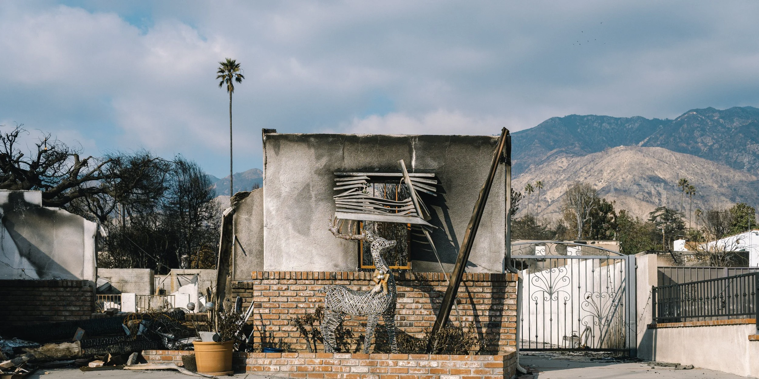 Damaged building with burnt walls, a wire reindeer sculpture, and a potted plant in front, with mountains and blue sky in the background.