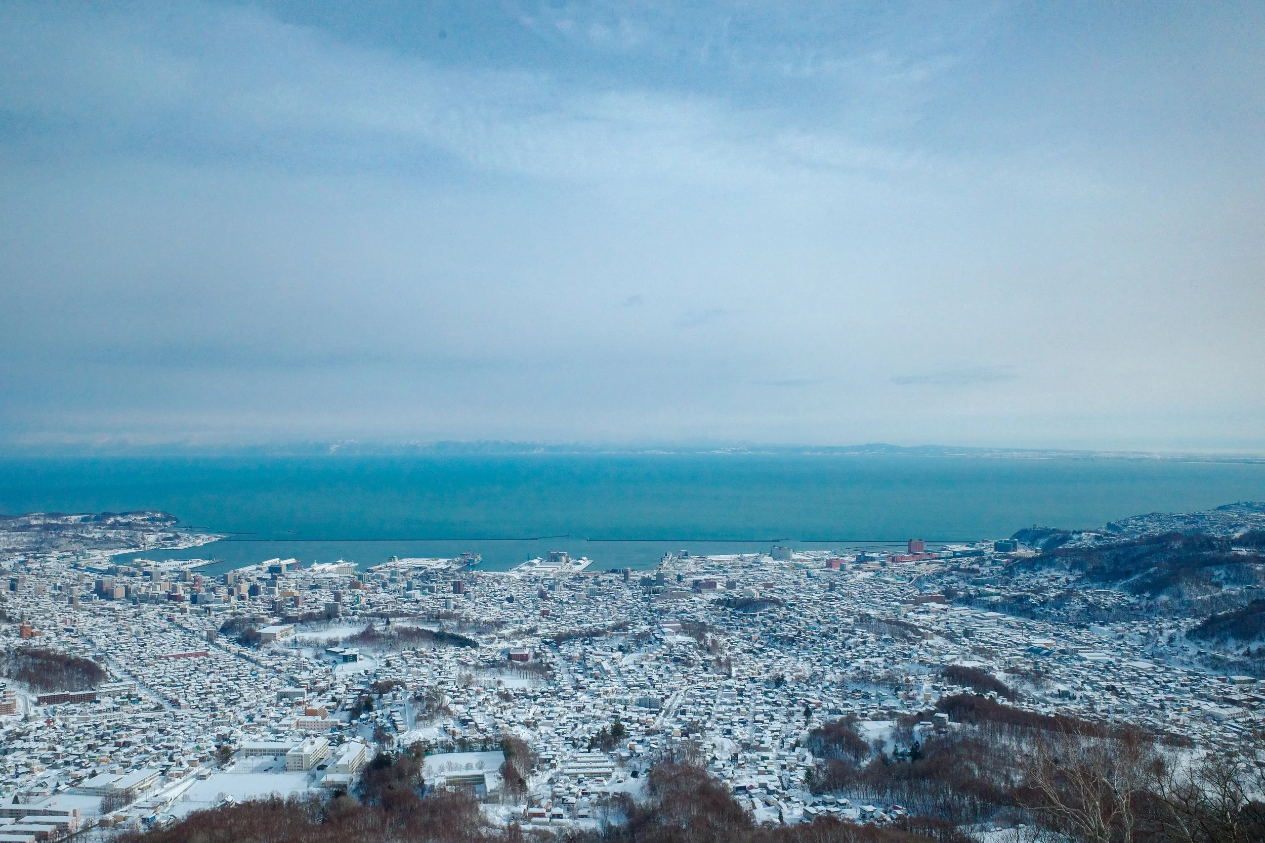A panoramic view of a snowy cityscape with a harbor, high-rise buildings, and mountains in the background, under a partly cloudy sky.