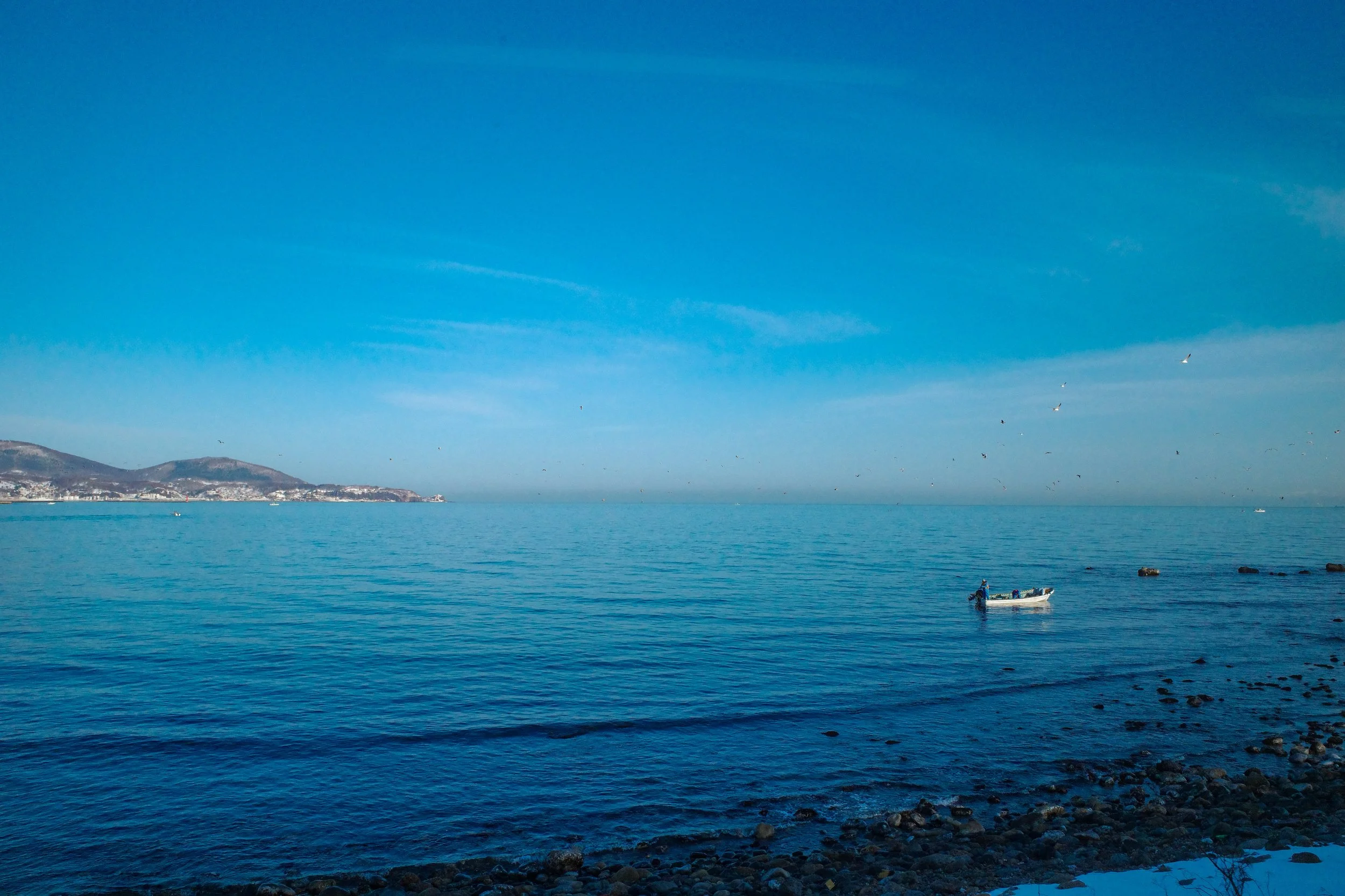 A scenic view of a large body of turquoise water with a small white boat in the foreground. In the distance, there are mountains and a town near the shoreline. The sky is clear and blue, with a few birds flying.