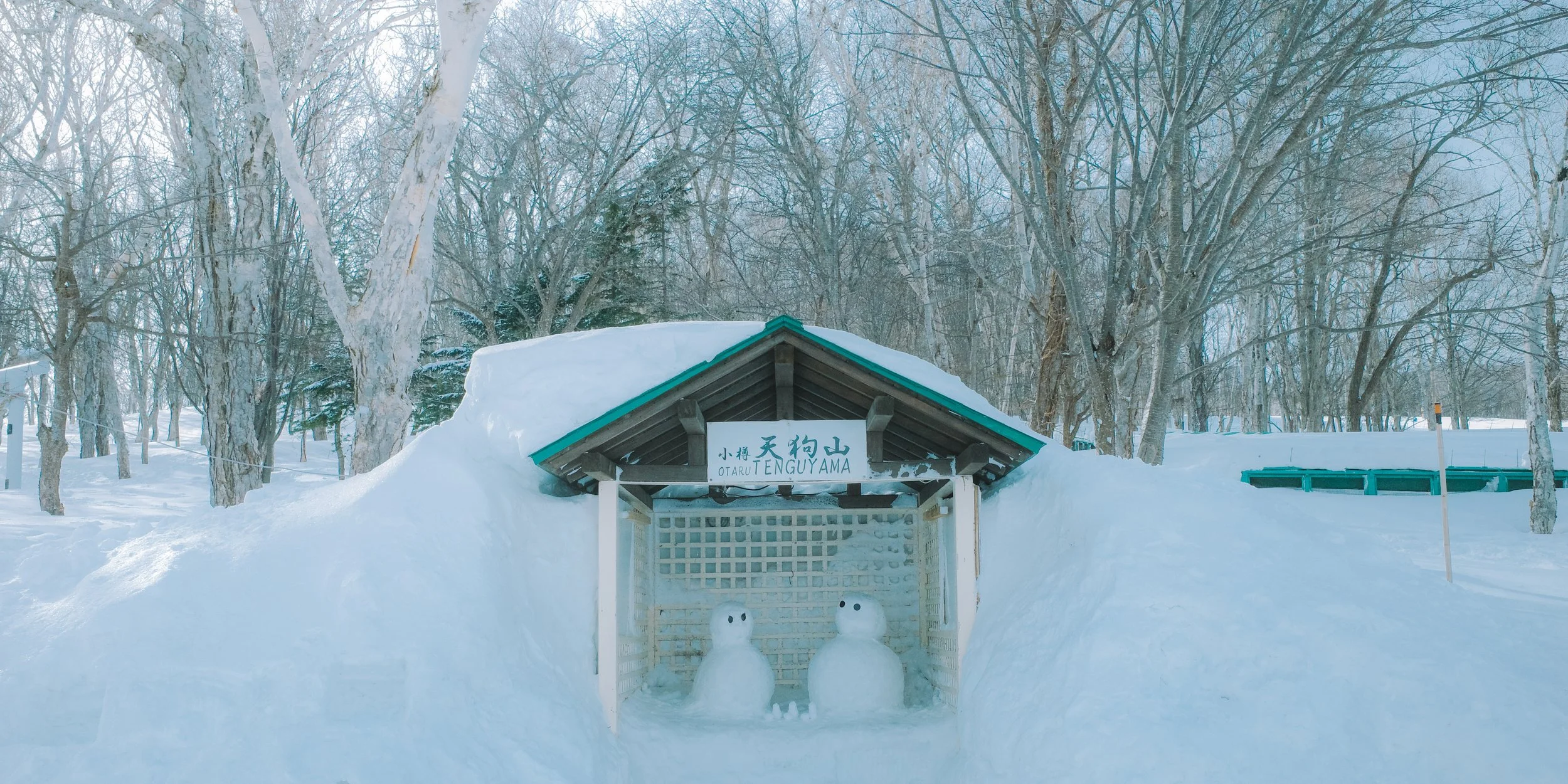 Snow-covered landscape with leafless trees, a small shelter with a sign that reads 'OTARU TENGUYAMA' in Japanese characters, and two snowmen.