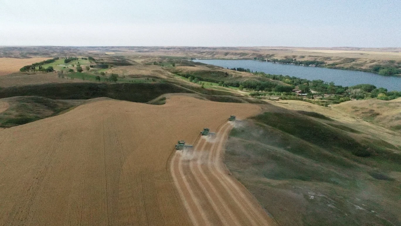 Three green combines harvesting wheat in a golden field, with a river and green hills in the background.