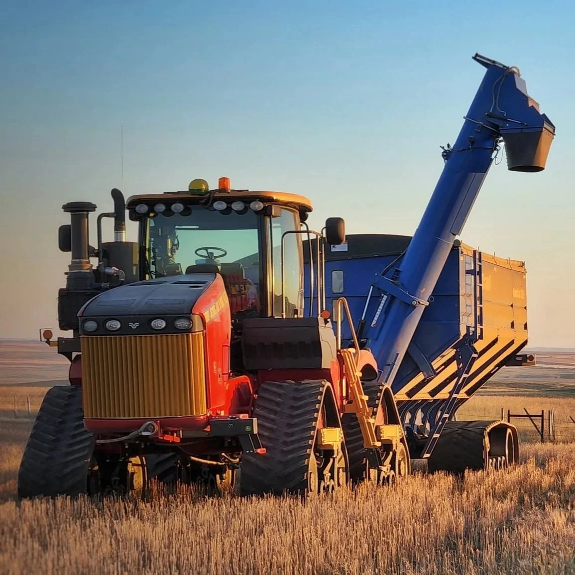A large red and black tractor with a blue grain auger attached, working in a field at sunset.