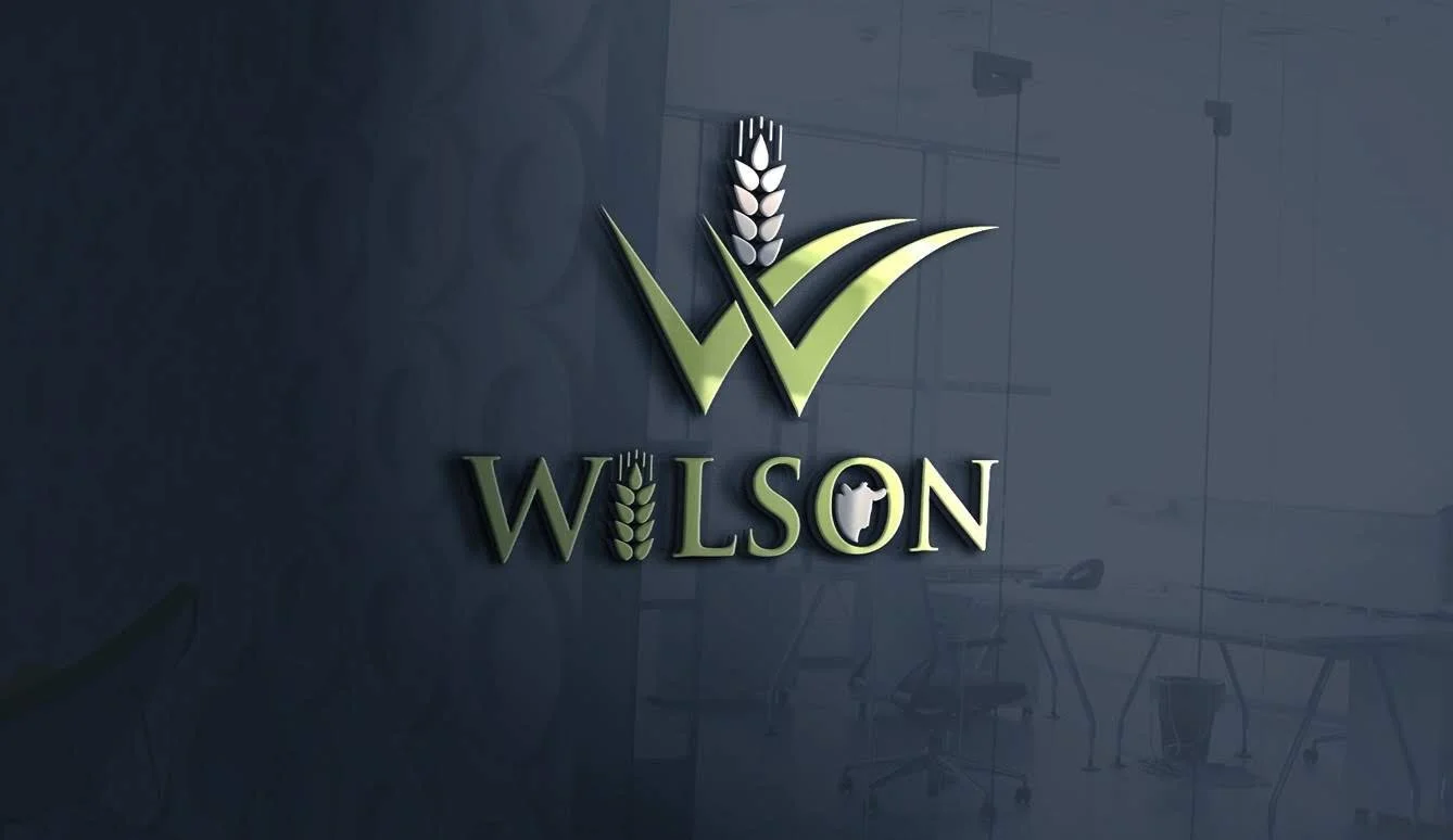Company logo for Wilson featuring stylized wheat and checkmark symbols on a dark wall