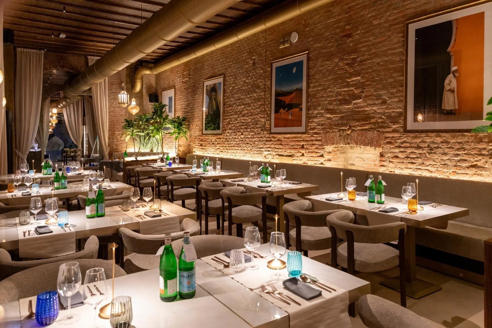 Interno di un ristorante elegante con tavoli apparecchiati, sedie imbottite, piante verdi grandi, pareti in mattoni a vista, quadri alle pareti, illuminazione calda e tende leggere lungo le finestre.