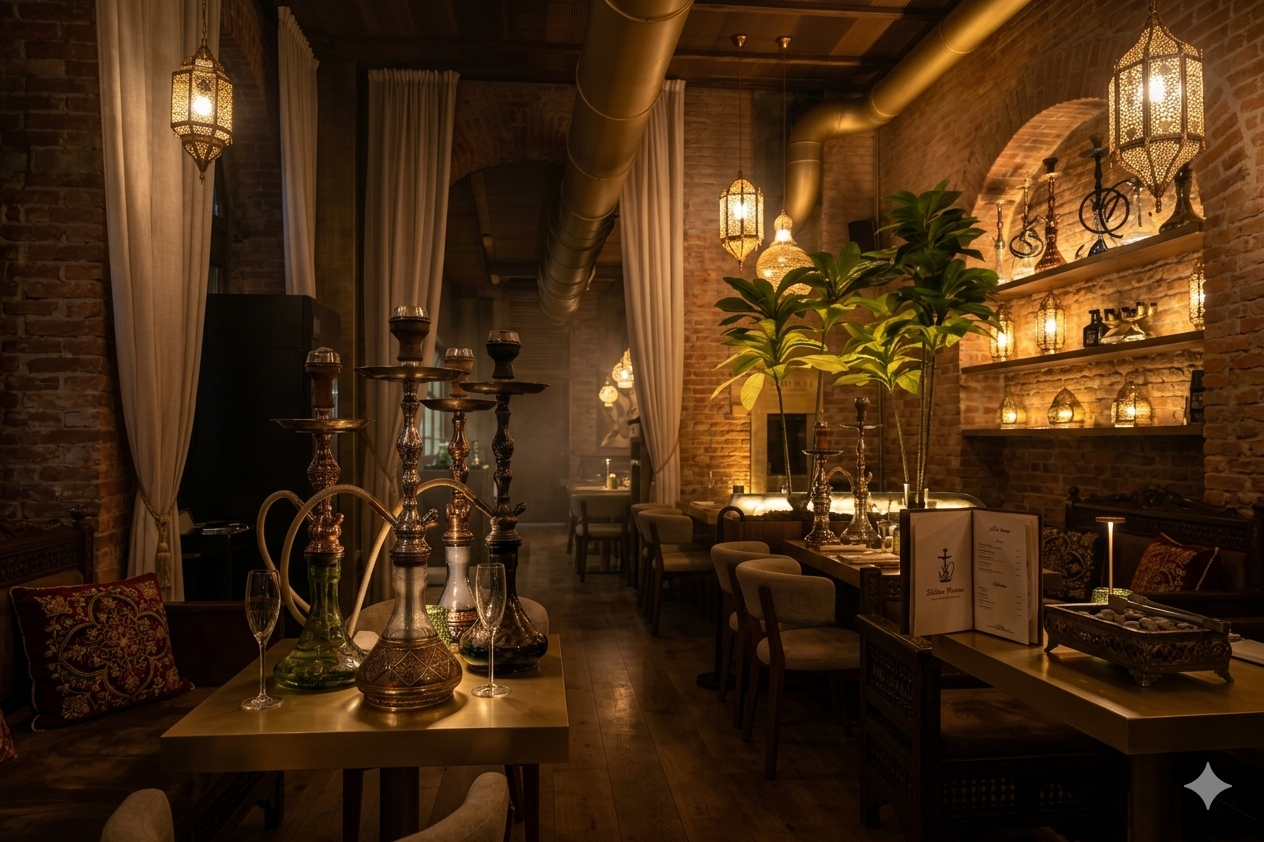 Interno di ristorante con pareti in mattoni, illuminazione calda, tende bianche, decorazioni in stile marocchino e candelabri