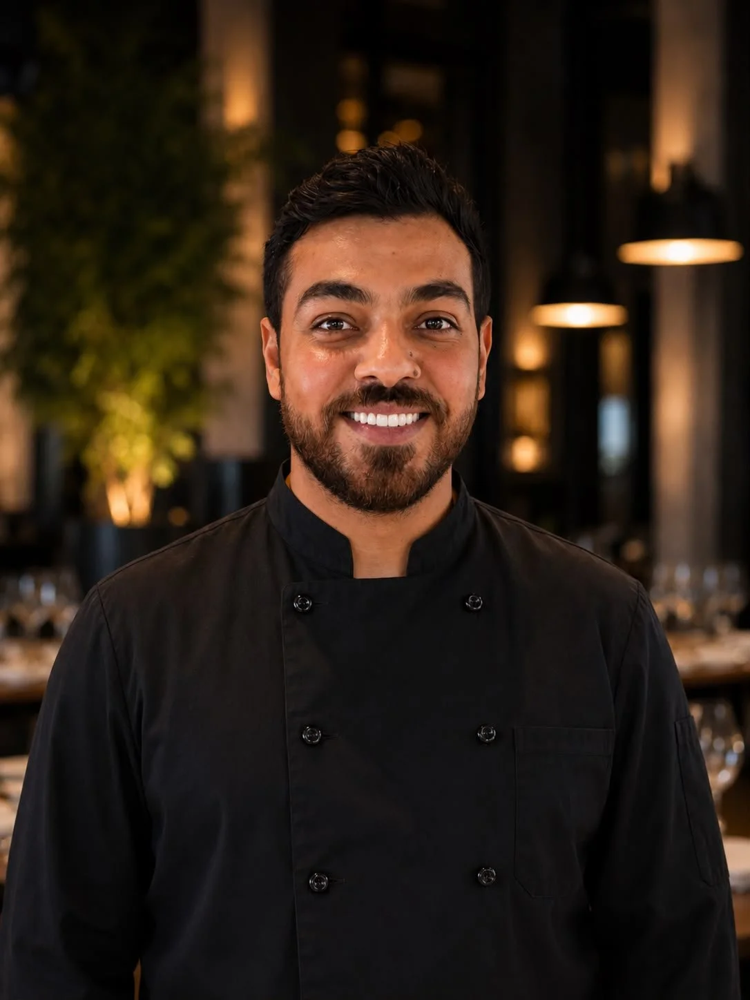 Chef sorridente in giacca da cucina in un ristorante elegante.