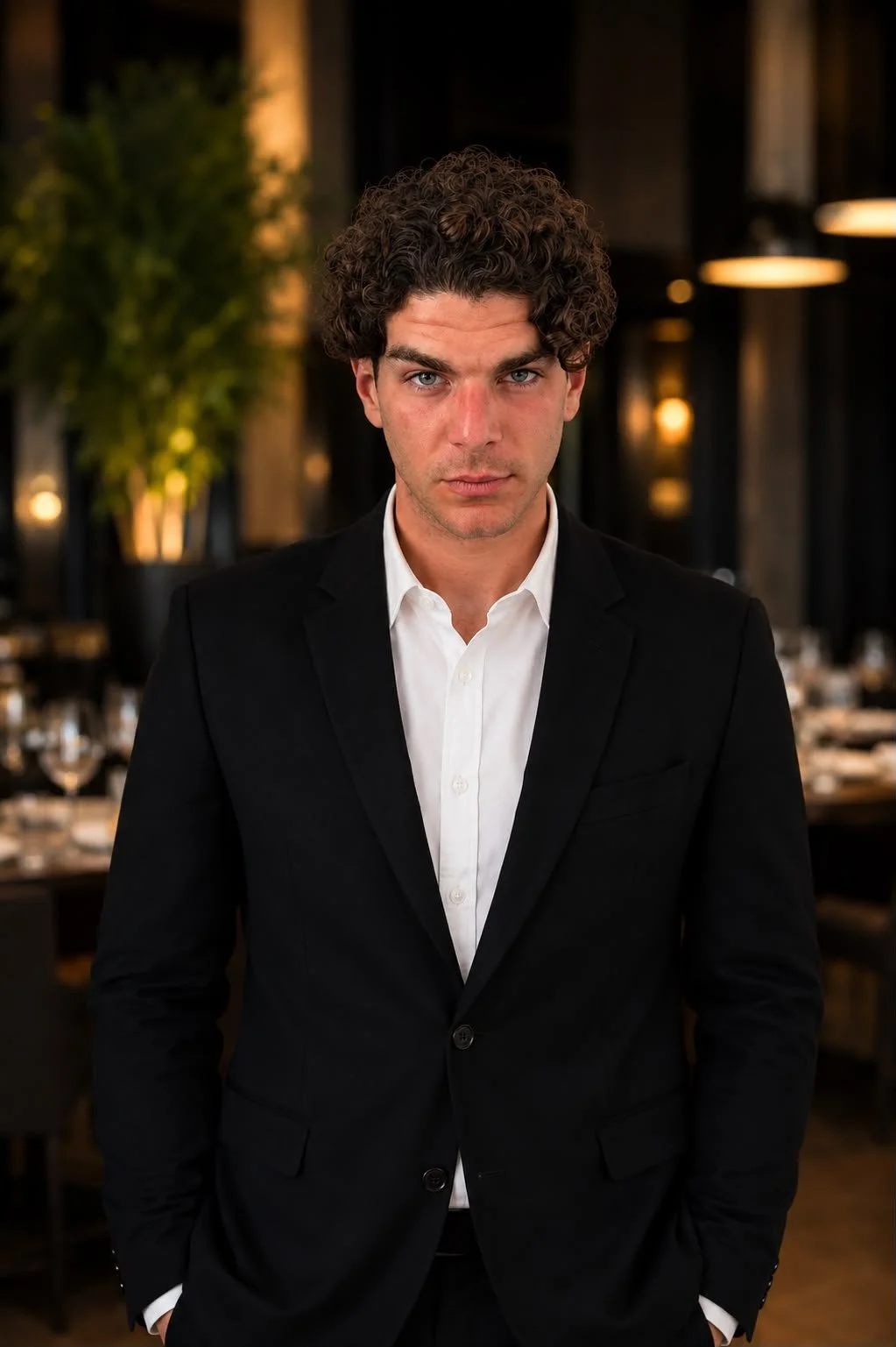 Uomo in abito nero e camicia bianca in un ristorante elegante con ambiente sofisticato, illuminato da luci calde.
