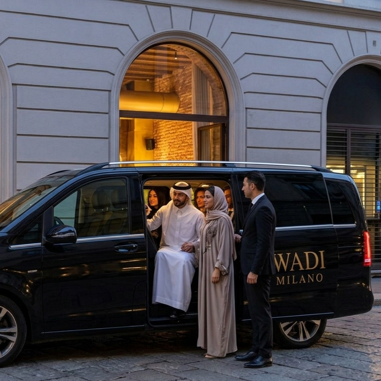 Un uomo in abito tradizionale arabico e una donna araba in abiti eleganti salgono su un veicolo nero con scritto WADI MILANO, con altre persone sullo sfondo, in una strada cittadina before il tramonto.