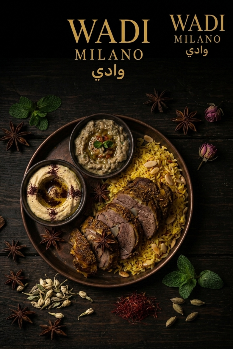 Un piatto di carne, riso e salse, decorato con spezie e erbe aromatiche, proveniente da Wadi Milano.