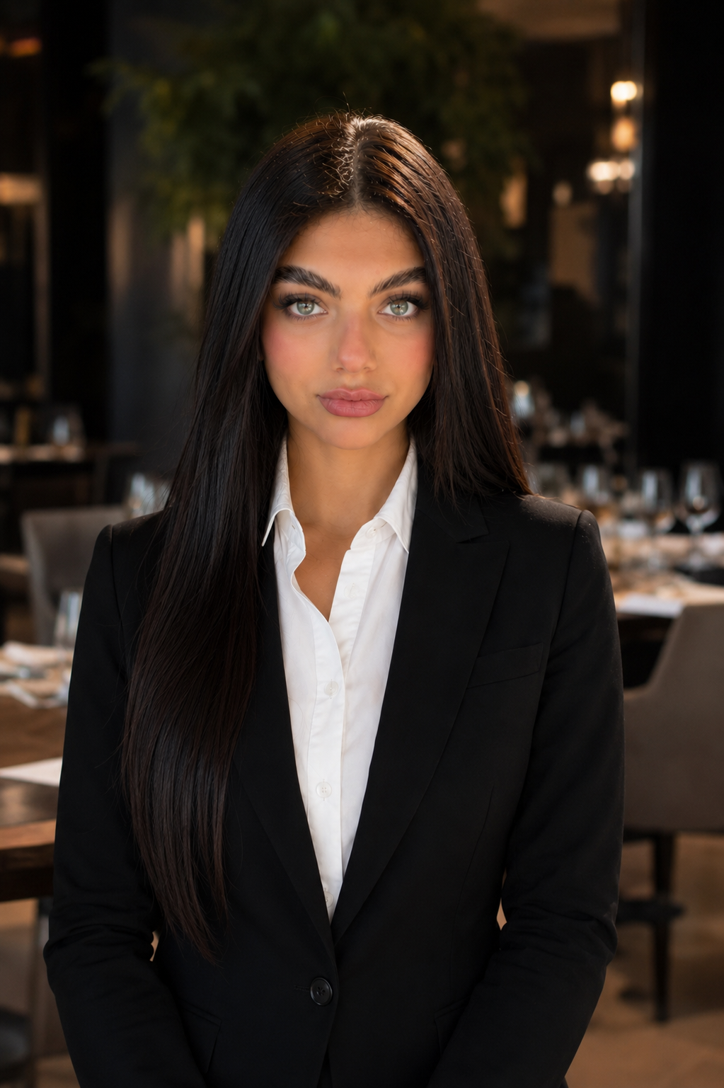 Una donna giovane e attraente con capelli lunghi e neri, vestita con un abito nero e una camicia bianca, in un ristorante elegante.