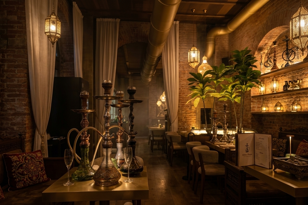 Interno di un ristorante con luci calde, pareti di mattoni, tende bianche, piante verdi e decorazioni in stile orientale con lampade decorative a sospensione.