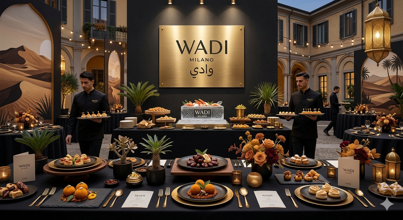 Buffet elegante con piatti di vari alimenti, decorazioni floreali, scaffali con dessert e personale in divisa nera con logo WADI Milano in un ambiente raffinato con arredi classici e luminarie.