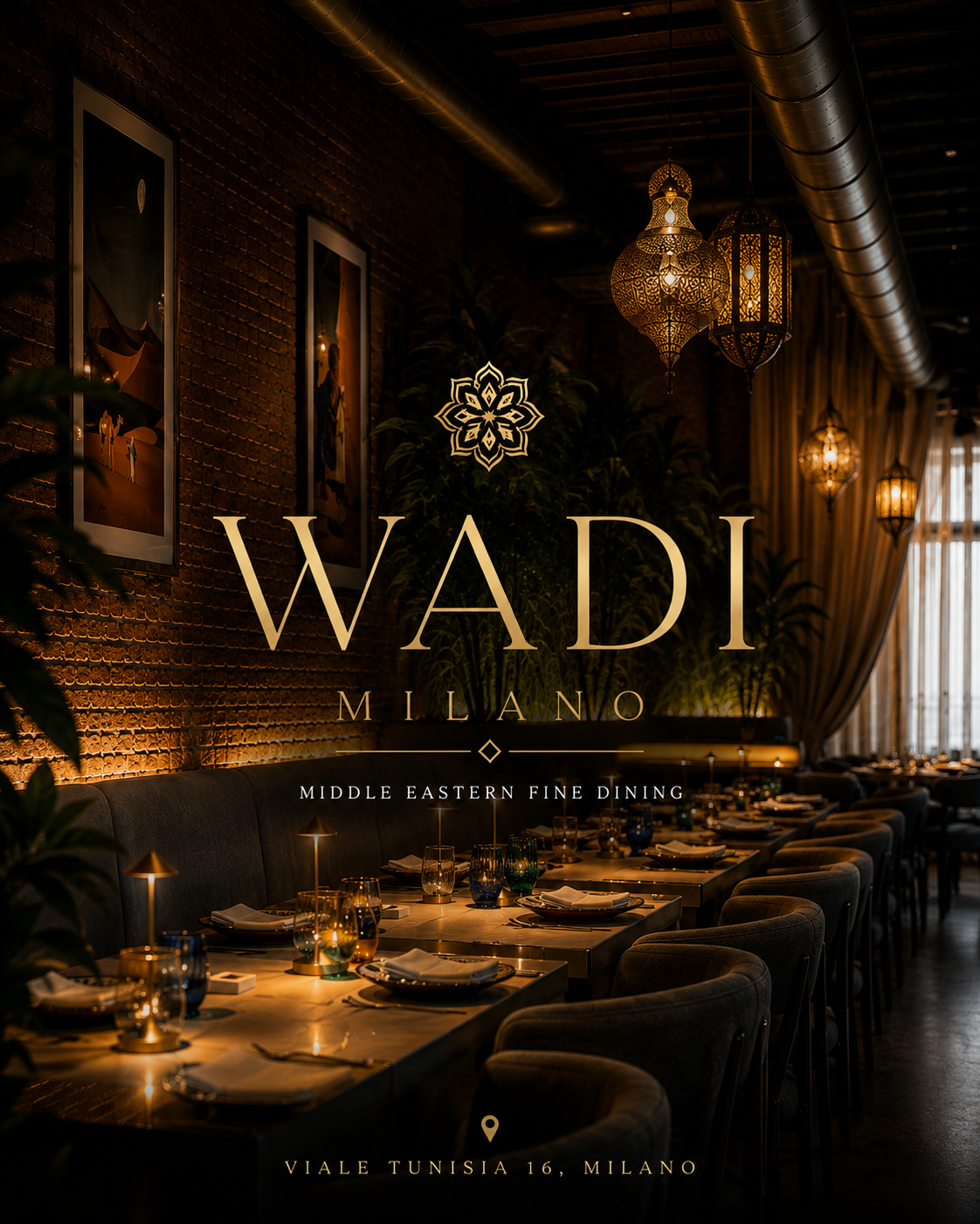 Interno elegante di un ristorante con tavoli apparecchiati, illuminazione calda, lampade ornamentali e quadri alle pareti, con un logo di WADI Milano e dettagli sulla posizione e tipo di cucina.
