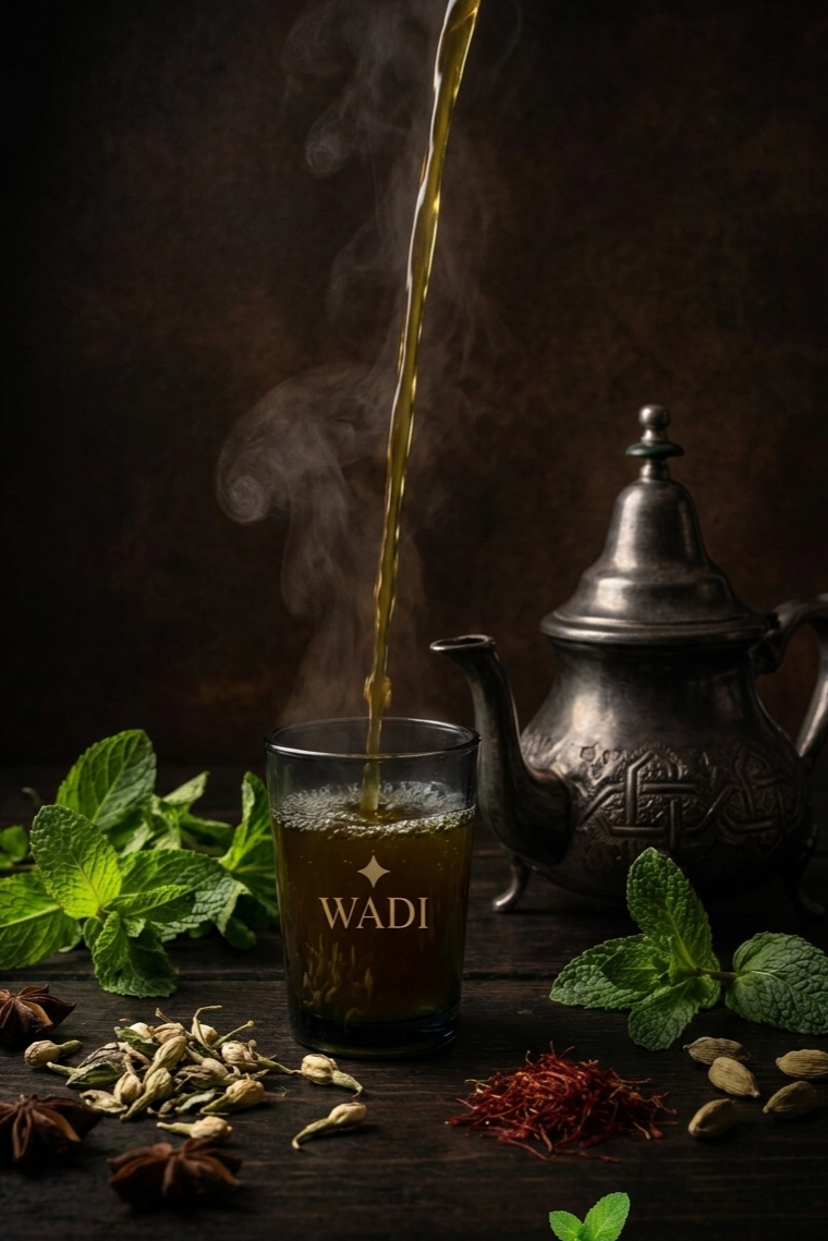Una tazza di tè caldo con vapore che si innalza, circondata da foglie di menta, fiore di saffron, cardamomo e altre spezie, con una teiera di metallo vecchia in secondo piano.