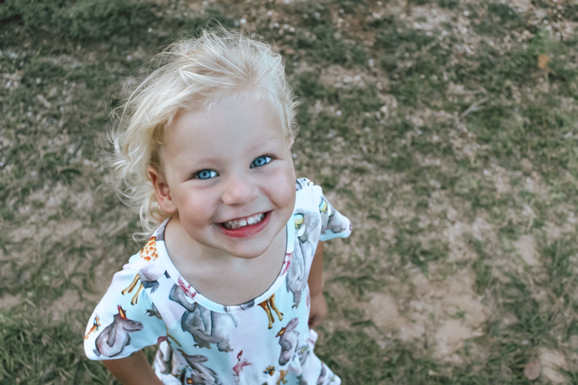 A young boy with curly blonde hair and bright blue eyes smiling up at the camera outdoors, wearing a white shirt with colorful animal prints. The ground is covered with grass and patches of dirt.