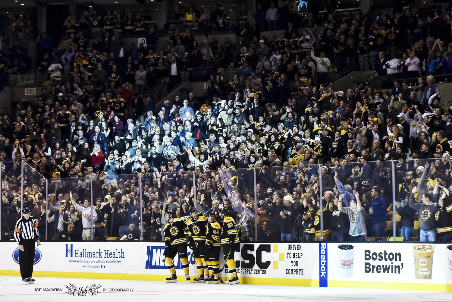 Ice hockey game with players in black and yellow jerseys and a crowd of fans in the stands, many wearing black and yellow apparel, cheering and clapping.