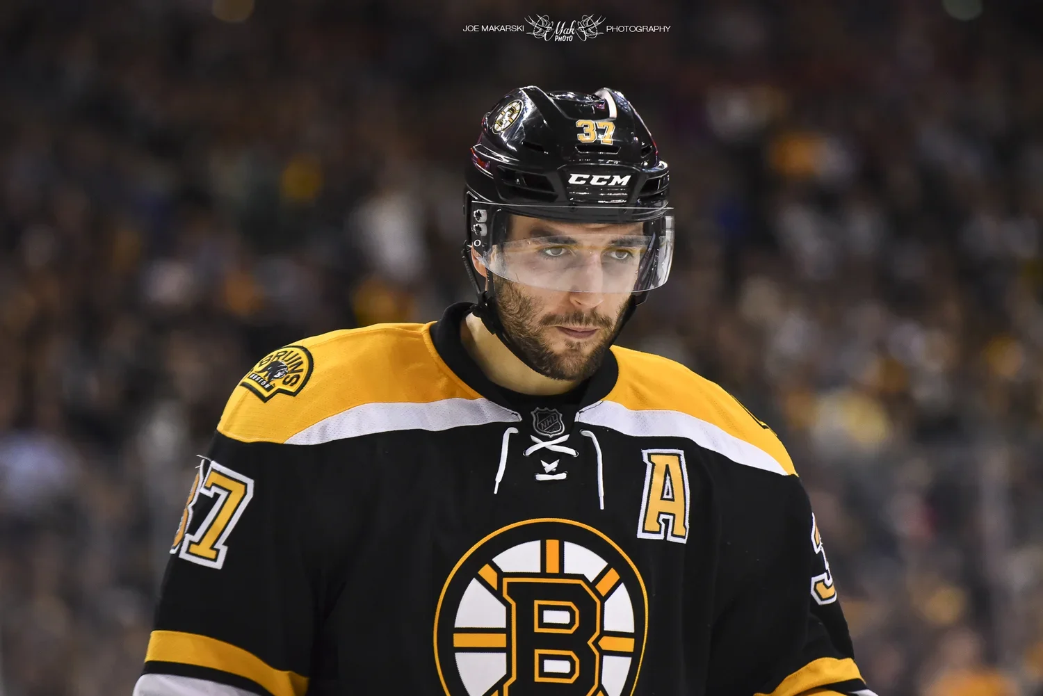 A hockey player wearing a black and yellow Boston Bruins jersey with the number 37 and an 'A' on his chest, standing on the ice with a focused expression, wearing a black helmet with a visor.