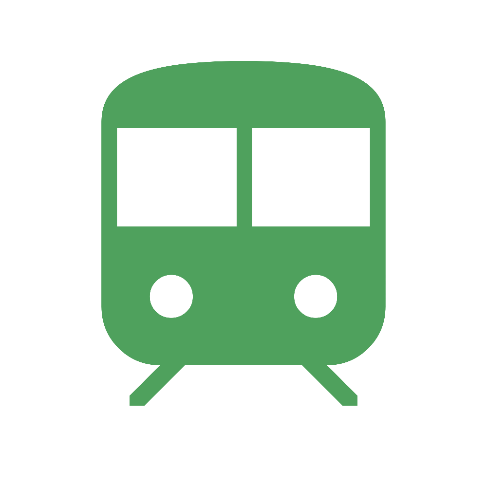 Green train icon with two windows and two wheels on a black background.