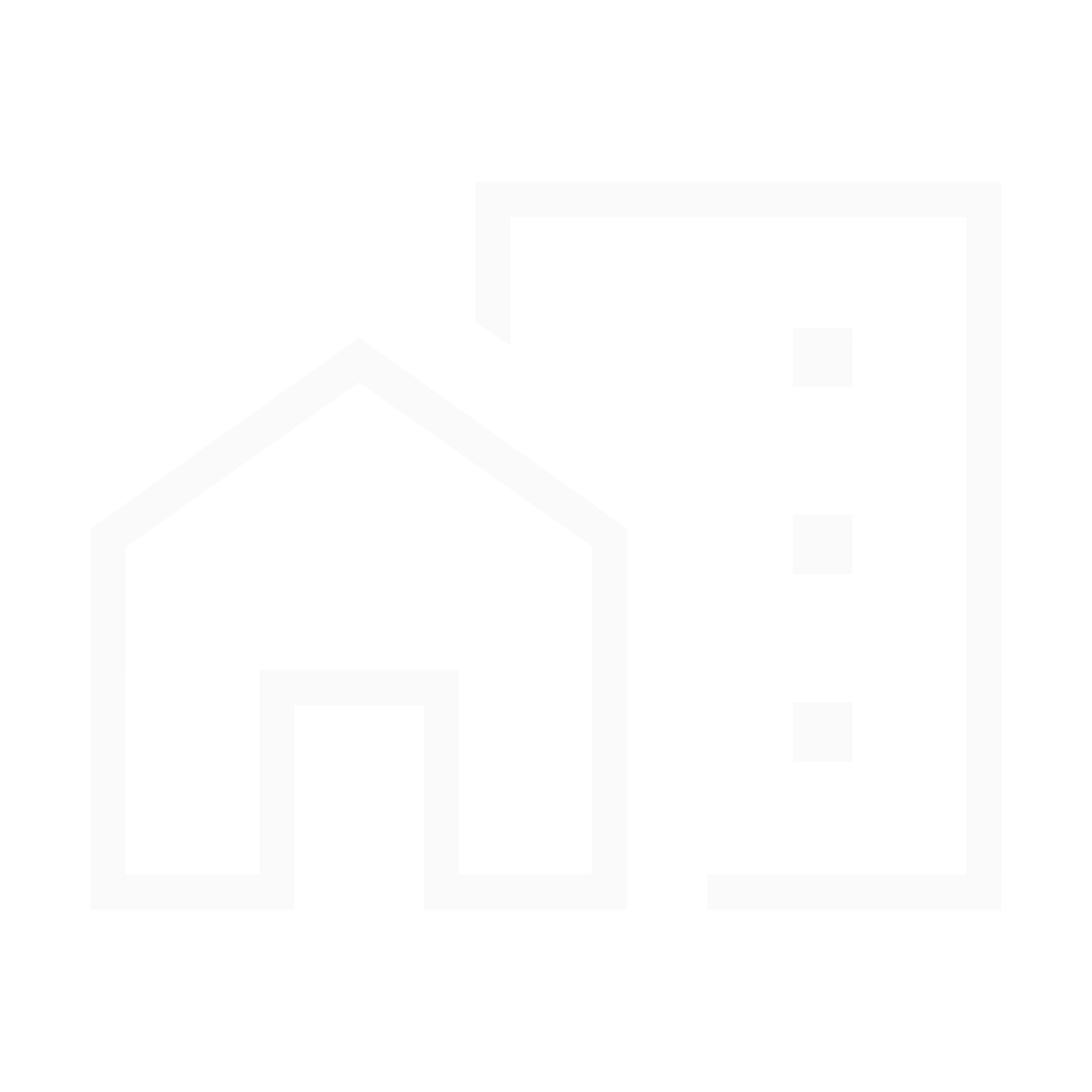 Icon of a house next to a multi-story building, both outlined in white on a black background.