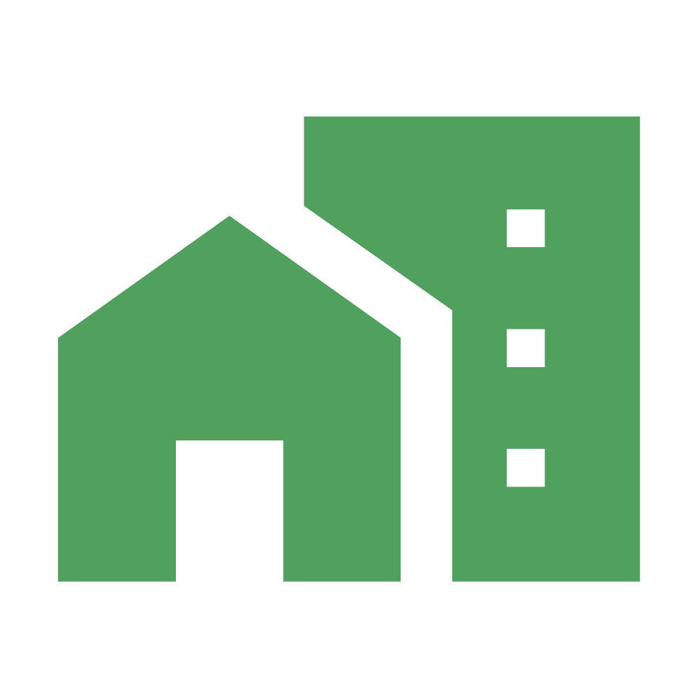 Illustration of a house and a tall building, both in green, on a black background.