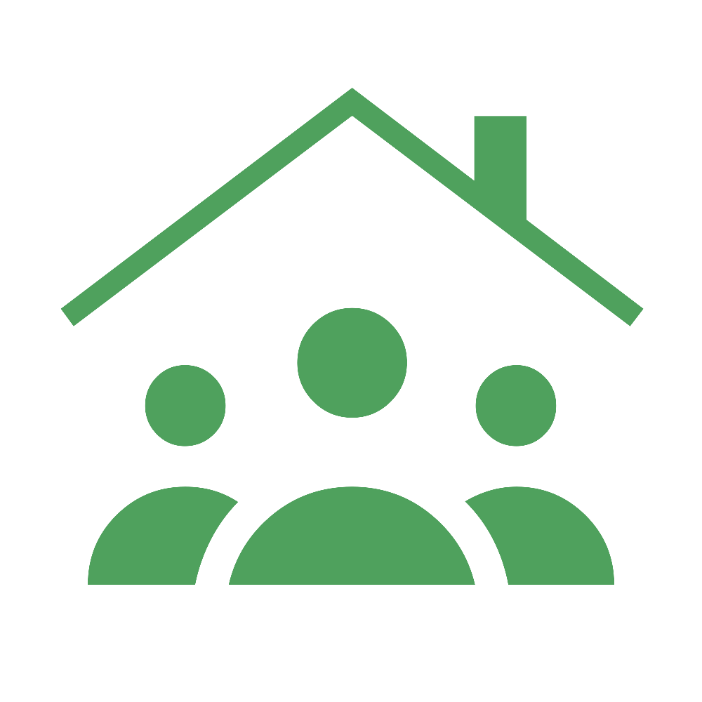 Icon of a house with three people underneath, representing a family or home community.