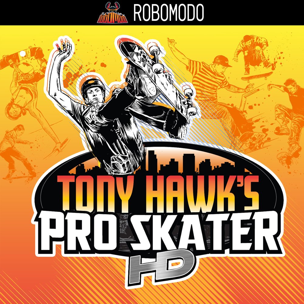 A promotional poster for Tony Hawk's Pro Skater HD video game featuring a skateboarder in black and white performing a trick against a yellow and orange gradient background with silhouettes of skaters and city skyline. The title is prominently displayed in bold, colorful text at the bottom.