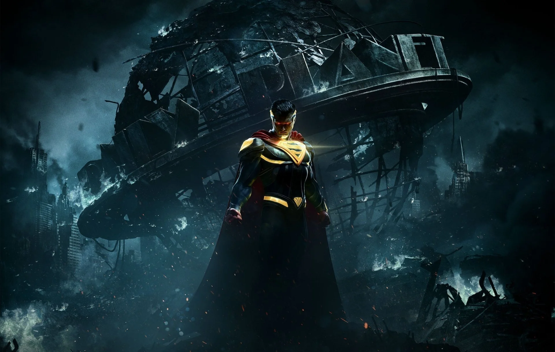 Superman in a black and yellow costume standing in front of a destroyed building and a spaceship in a dark, chaotic cityscape.