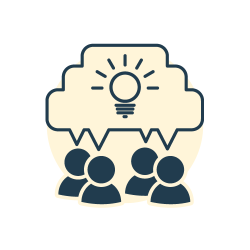 Four people with a speech bubble containing a lightbulb above them, symbolizing ideas or brainstorming.