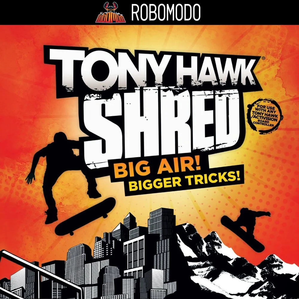 Skateboarding poster with silhouette of skateboarder, cityscape, and mountains, promoting Tony Hawk's Shred game with big air and bigger tricks.
