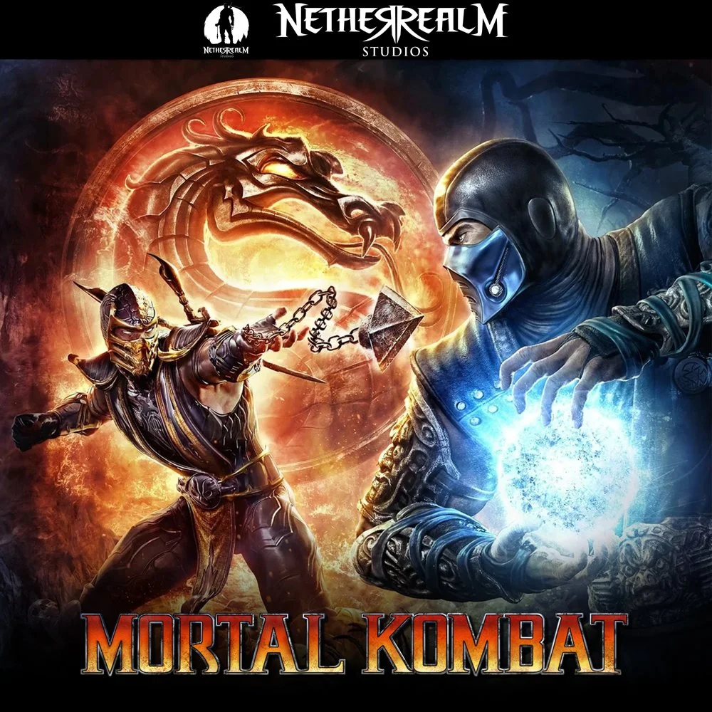 A promotional poster for the video game Mortal Kombat, featuring two fighters facing off in front of a fiery dragon emblem, with the title at the bottom and Netherrealm Studios branding at the top.