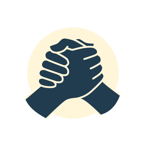 Two hands clasped in a handshake symbol against a circular background.