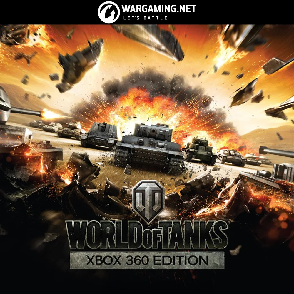 Cover art for World of Tanks Xbox 360 edition, depicting tanks in a fierce battle with explosions and debris flying in an orange and black fiery background, with the game logo and title at the bottom.