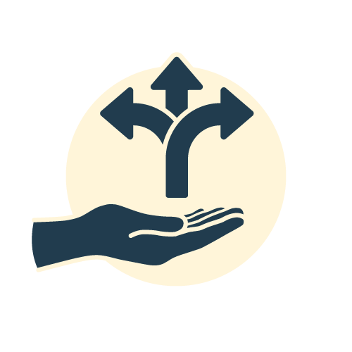 An illustration of a hand with arrows pointing in three directions: left, straight, and right.
