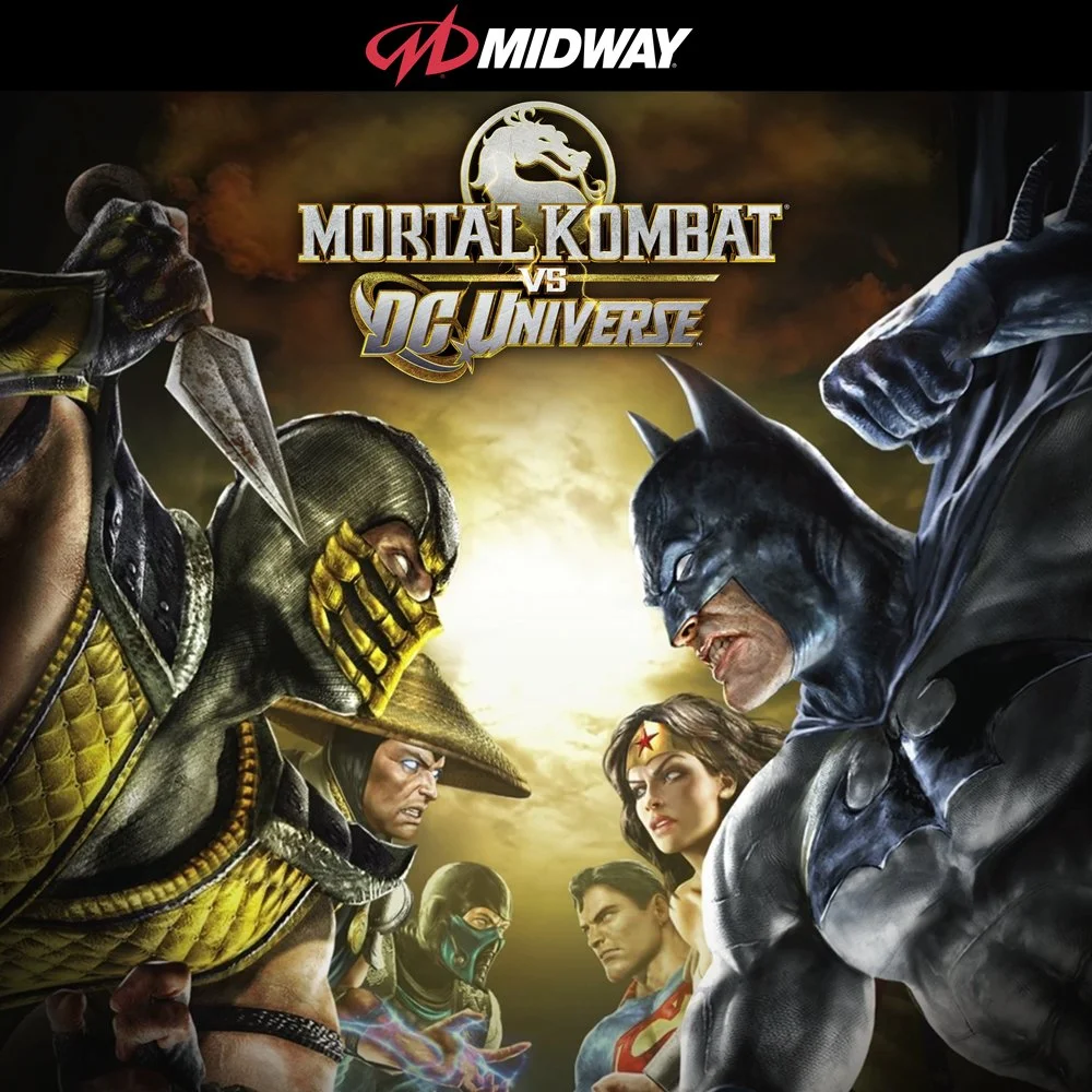 Promotional poster for the video game Mortal Kombat vs DC Universe featuring characters from Mortal Kombat and DC Comics, including Sub-Zero, Scorpion, Batman, Wonder Woman, and Superman.