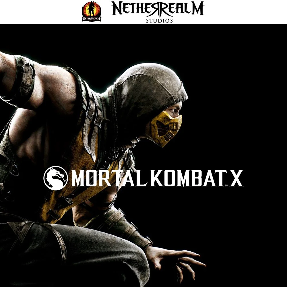 Promo image for the video game Mortal Kombat X showing a character in combat gear with a mask, crouched with one hand on the ground. The text includes the game's logo and NetherRealm Studios branding.