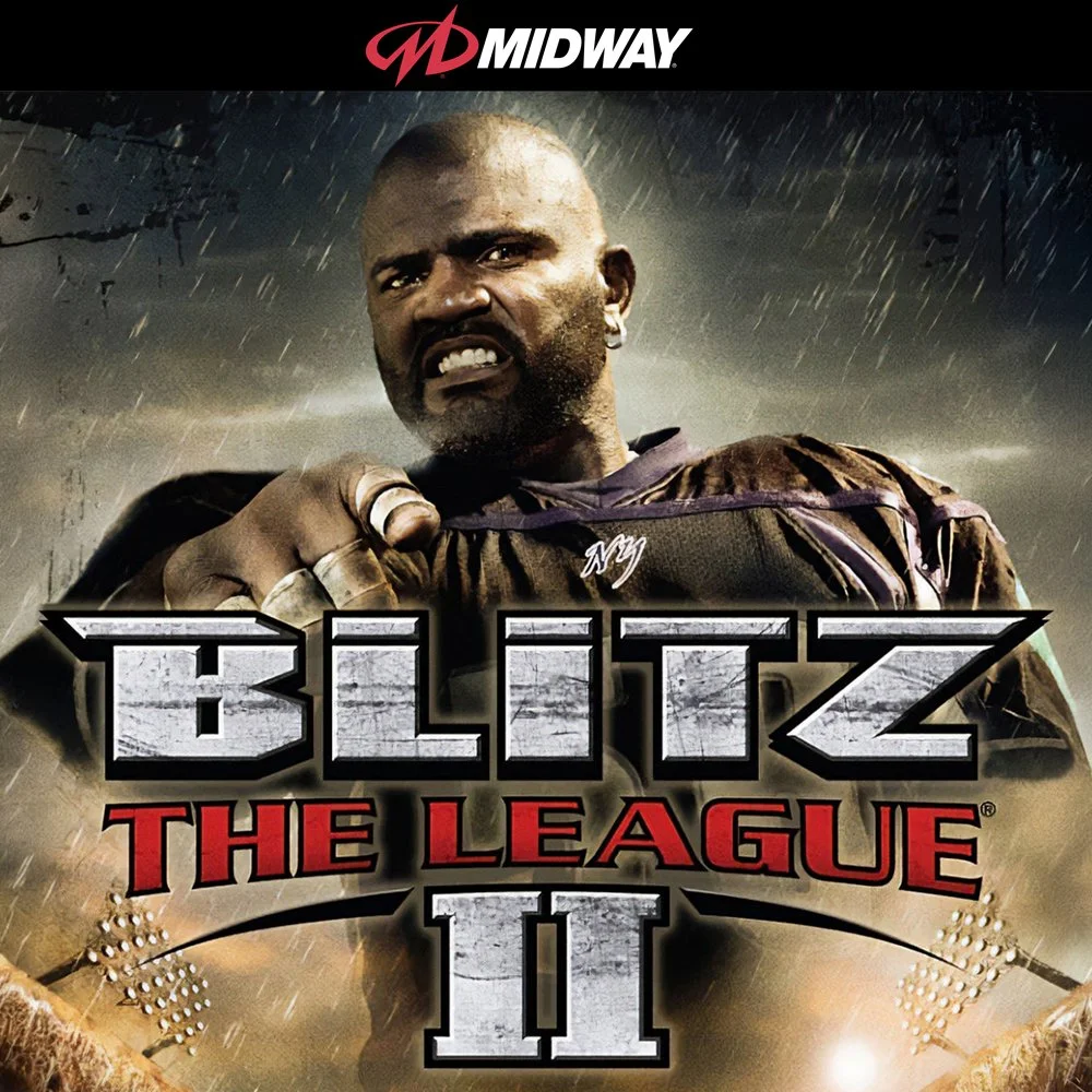 Video game cover art for Blitz the League II by Midway, featuring a gritty close-up image of a tough-looking football player with a stubbled beard, earrings, and a leather jacket, set against a stormy background with rain effects, and a stylized logo at the top.