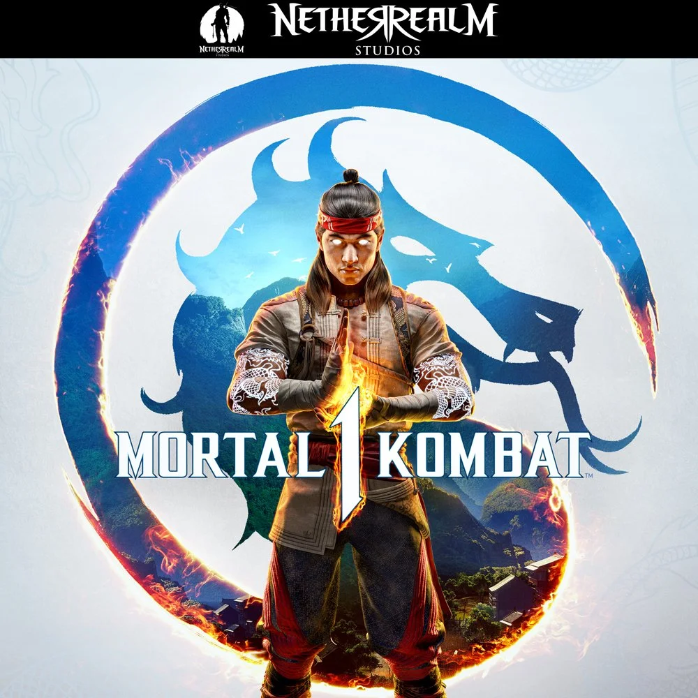 Poster for Mortal Kombat 1 showing a martial artist with hands together in a prayer position, dressed in traditional costume, with a dragon logo in the background and the title "Mortal Kombat 1".